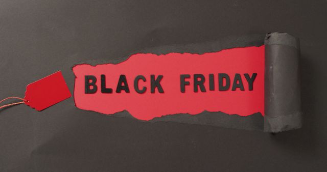 This image shows creative Black Friday sale concept with torn red paper revealing 'Black Friday' text and a red tag. Perfect for promoting sales, discounts, and retail campaigns. Can be used for online advertising, social media posts, email marketing, and posters.
