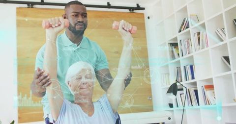 Caregiver assisting senior woman in physical therapy with data overlay