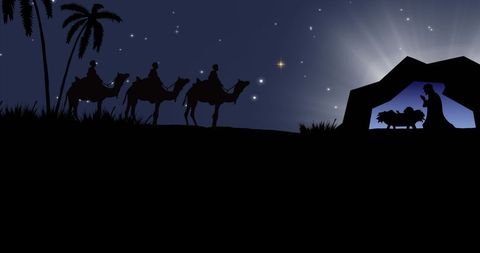 Silhouetted kings journeying to nativity at night