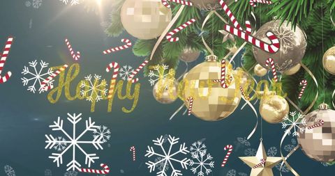 Festive christmas tree with candy canes and snowflakes falling