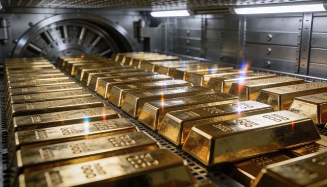 Gold bars gleaming on perforated racks inside secure bank vault, bullion stacking in rows