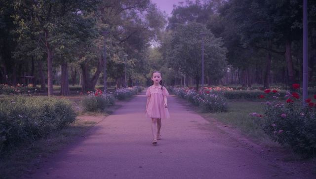 Evening Walk in Park Wearing Pink Dress Amid Blossoming Flowers