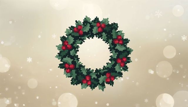 8-bit holly wreath with red berries and snowflake bokeh on cream gradient background