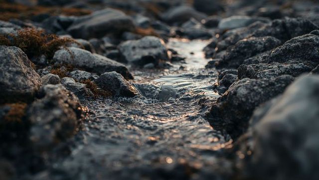 Sunset-lit rocky rivulet flowing through pebbled stream bed with ripples and moss
