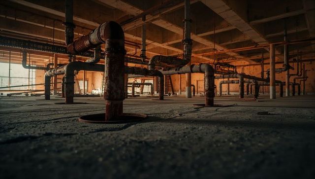 Rusty Metal Pipe Network in Industrial Basement Environment