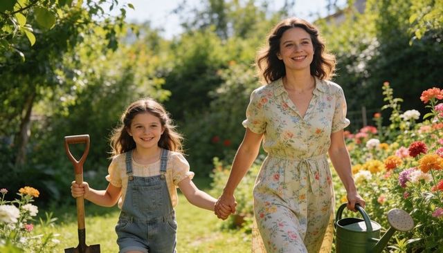 Mother and daughter walking sunlit flower garden holding watering can and shovel, smiling