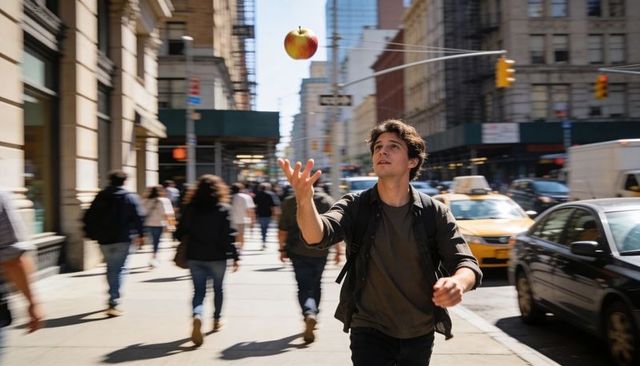 Young man tossing apple on bustling urban sidewalk with taxis and storefronts