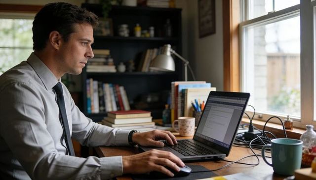 Professional man working from home at desk with laptop, mouse, coffee and bookshelf