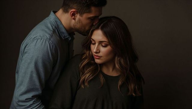 Intimate couple portrait man kissing woman forehead moody soft studio lighting