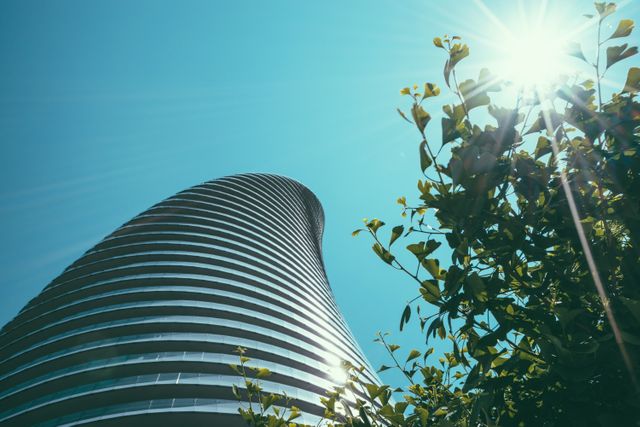 This image depicts a modern, curved building reaching towards the blue sky with sunlight creating a vibrant atmosphere. Leaves from nearby trees are partially visible in the frame. The contemporary design and integration of natural elements make this image suitable for campaigns or articles focusing on architecture, sustainability, urban development, and environmental design.
