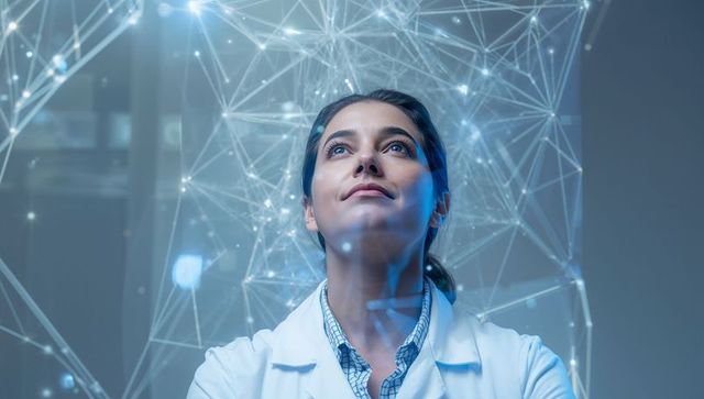 Female Scientist Exploring Holographic Neural Network and AI Visuals in Futuristic Lab