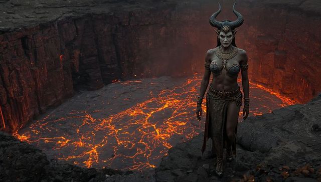 Horned warrior queen overlooks fiery lava crater