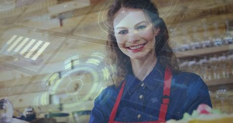 Smiling Barista with Holographic Interface at Modern Café Bakery