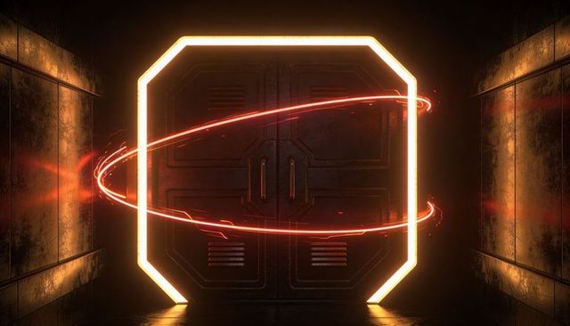 Energizing octagonal sci-fi portal with orbiting fiery ring activating metallic tech gate