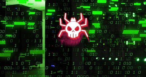 Neon skull-spider malware icon hovering over server racks with green binary code glow