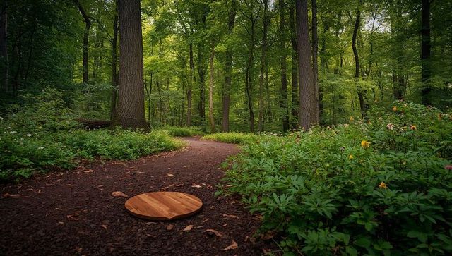 Wooden round board along trail in verdant forest