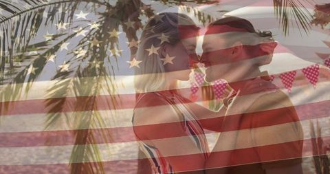 Couple Sharing Intimate Moment on Sunset Beach with USA Flag Overlay