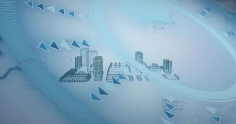 Futuristic blue virtual city blueprint with floating metropolis and directional arrows