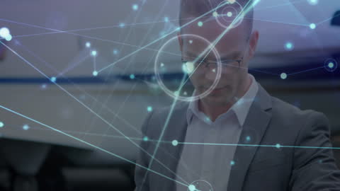 Caucasian Businessman with Digital Network Overlay at Airport