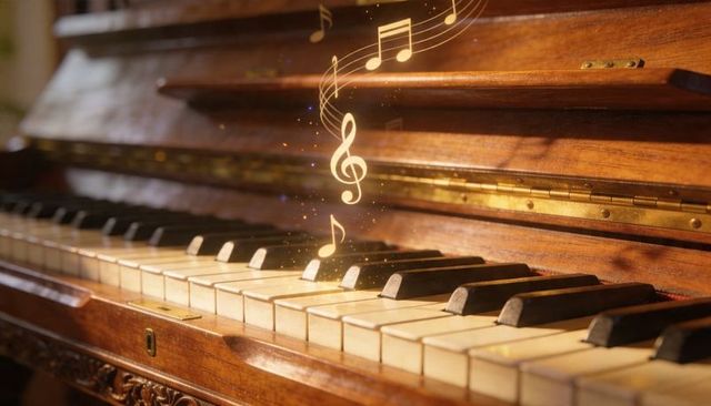 Glowing musical notes hovering above antique upright piano keys in sunlit parlor with ornate woodwor