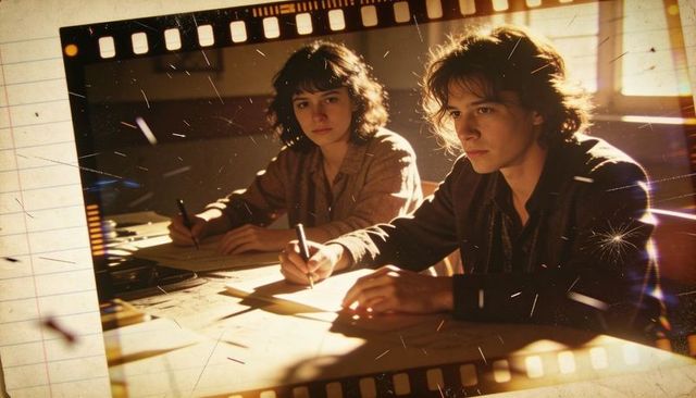 Students collaborating at wooden desk writing notes with vintage filmstrip aesthetic