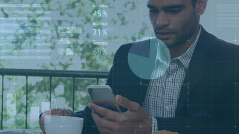 Businessman Checking Mobile Over Breakfast with Data Overlay