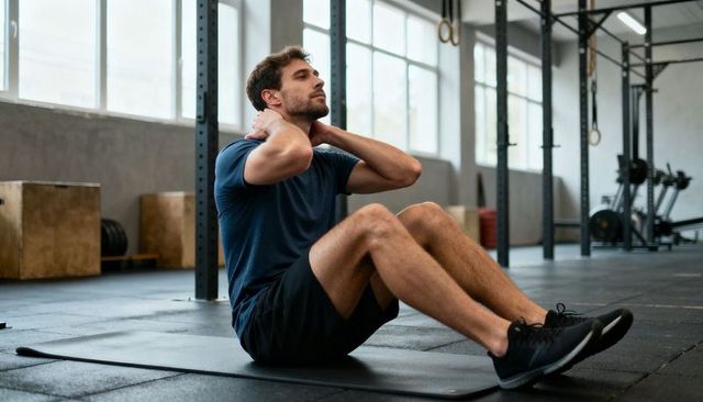 Man doing sit-up on mat in sunlit industrial gym warehouse core strength workout