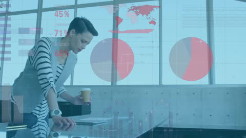 Businesswoman Analyzing Graphs and Charts in Modern Office with Digital Overlay