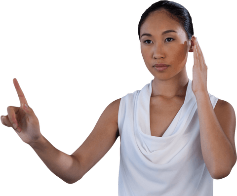 Transparent businesswoman engaging with virtual screen interface