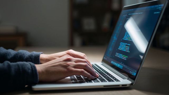 Developer Hands Typing Code on Laptop at Night, Coding on Reflective Screen, Remote Work