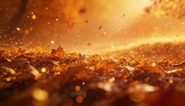 Sunlit autumn close-up of maple leaf on ground with floating golden dust and bokeh