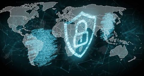 Global Cybersecurity Shield Protecting World Map with Digital Lock Hologram