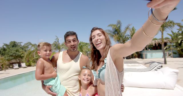 Happy Family Taking Selfie by Pool on Sunny Day - Download Free Stock Images Pikwizard.com