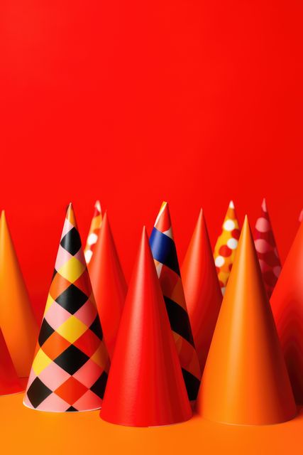 Several brightly decorated party hats arranged on orange surface with vibrant red background. Suitable for illustrating themes related to celebrations, parties, festive events, birthdays, and joyful occasions. Perfect for event planning visuals, party supply advertisements, and decor inspiration.