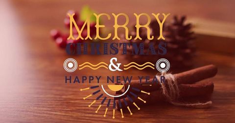 Merry christmas happy new year rustic cinnamon pinecone holiday typography on wood