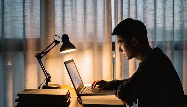 Young man working late on laptop at home desk with lamp, books and notebook