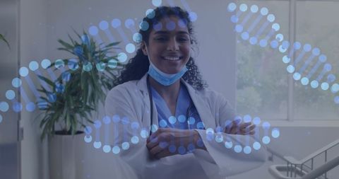 Smiling doctor with dna sequences in modern healthcare concept