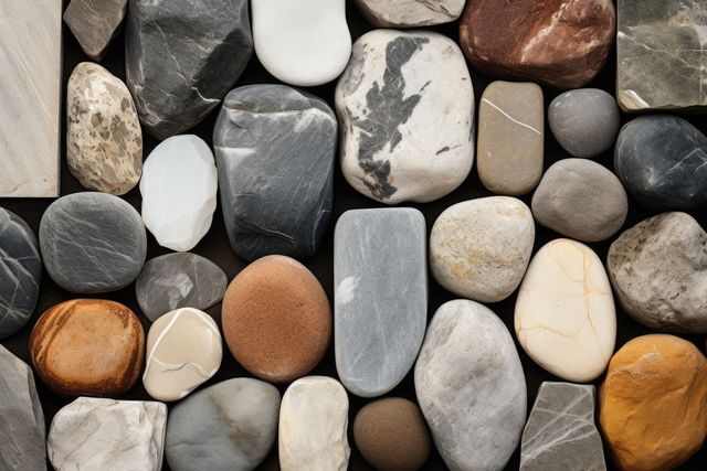 Smooth stones and colorful rocks presented in an organized arrangement. Ideal for backgrounds, natural textures, geological studies, mineral collection presentations, and educational content about geology.