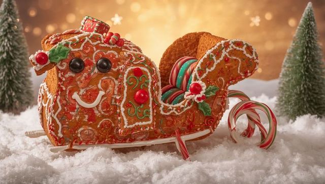 Gingerbread sleigh with candy canes and icing details on snowy holiday tabletop backdrop