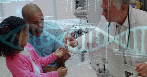 Doctor pricking child's finger overlaying dna graphics