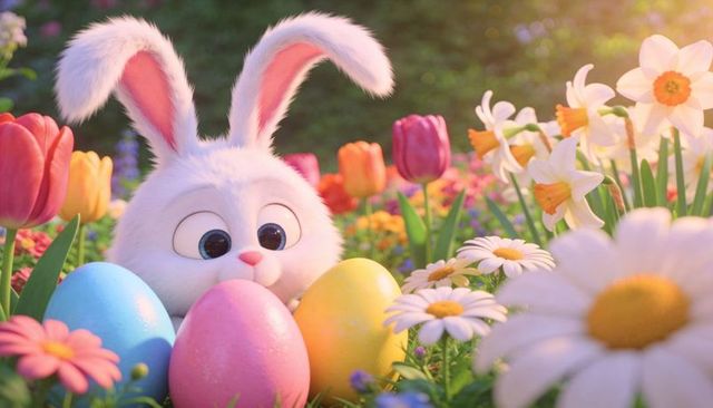 White fluffy bunny peeking among pastel easter eggs in flower-filled spring garden