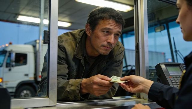 Truck driver handing cash through booth window to toll attendant at dusk