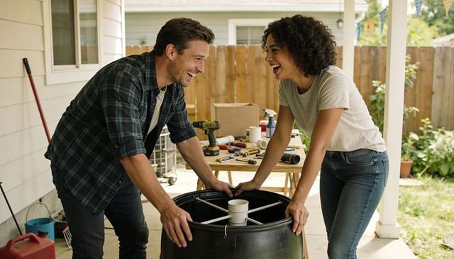 Couple assembling rain barrel on porch during diy home project, smiling and collaborating