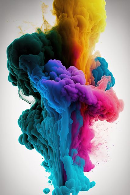 Bright and vibrant ink clouds mixing together underwater forming dynamic abstract shapes. Can be used for artistic backgrounds, colorful designs, and modern compositions. Ideal for creative projects involving fluid dynamics or exploring color theory.