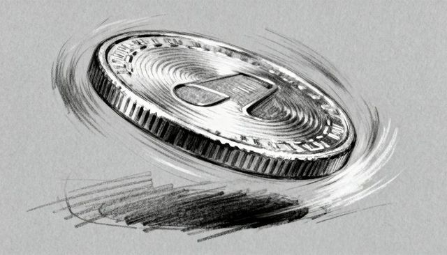 Spinning coin sketch showing serrated rim emblem motion lines shadow on grey paper