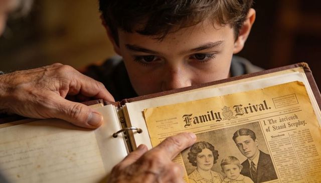 Grandchild discovering vintage family newspaper while grandparent pointing in heirloom album