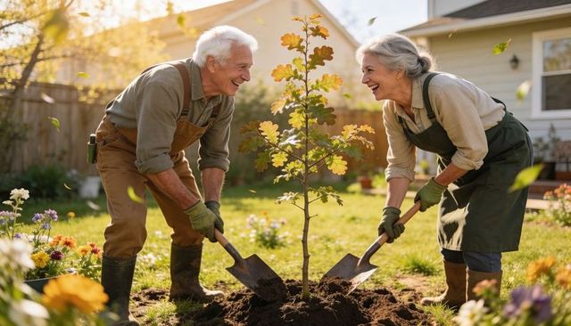 Senior couple planting young oak tree in sunny backyard, gardening together with shovels