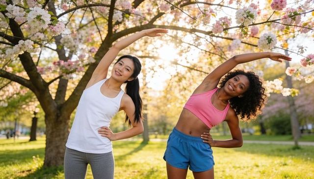 Sunlit park stretching: two women doing side bends under pink blossom trees