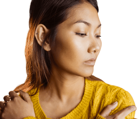 Transparent Background of Asian Woman in Yellow Sweater Looking Down