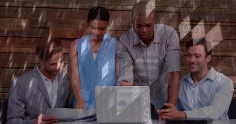 Business team collaborating over laptop in modern wood-paneled office